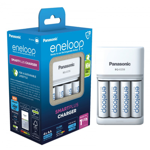 Cargador de pilas recargables Panasonic Eneloop BQ-CC55 NI-MH + 4 pilas recargables LR6/AA Eneloop 2000mAh