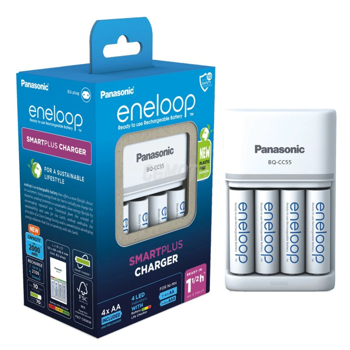 Cargador de pilas recargables Panasonic Eneloop BQ-CC55 NI-MH + 4 pilas recargables LR6/AA Eneloop 2000mAh Cargador de pilas recargables Panasonic Eneloop BQ-CC55 NI-MH + 4 pilas recargables LR6/AA Eneloop 2000mAh
